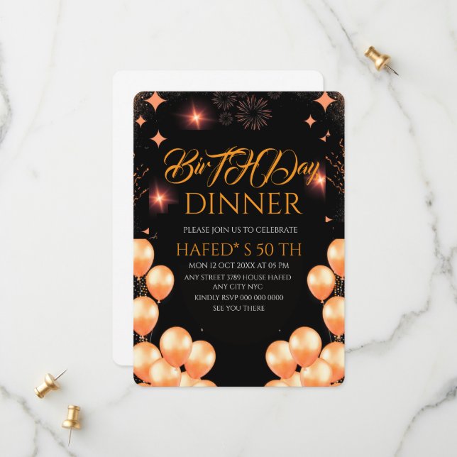 Digital Birthday Dinner Invitation Template, Black (Front/Back In Situ)