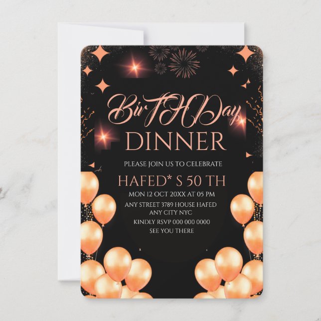 Digital Birthday Dinner Invitation Template, Black (Front)