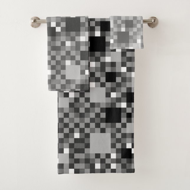 Digital Black and Grey Pixelated Little Squares Bath Towel Set (Insitu)