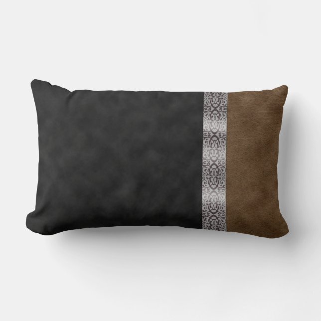 Digital Black Brown Suede Art Nouveau Ribbon Lumbar Cushion (Front)