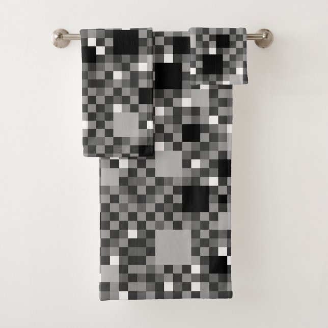 Digital Black Pixelated Little Squares Bath Towel Set (Insitu)