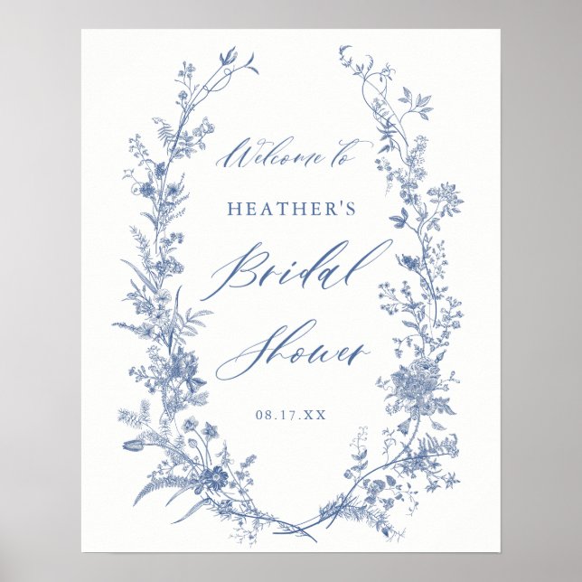 Digital Blue Floral Bridal Shower Welcome Sign (Front)