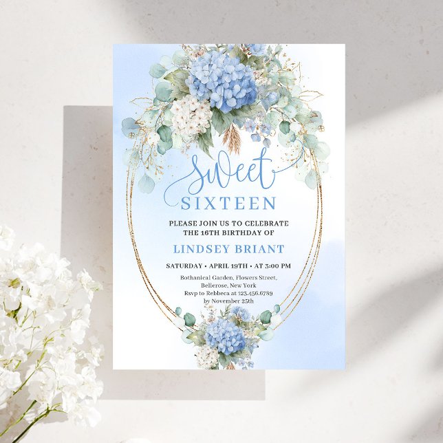 Digital Blue Floral Gold Sweet Sixteen Celebration Invitation (Digital Blue Floral Sweet Sixteen Celebration Invite)