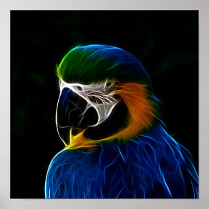 Digital blue parrot fractal poster
