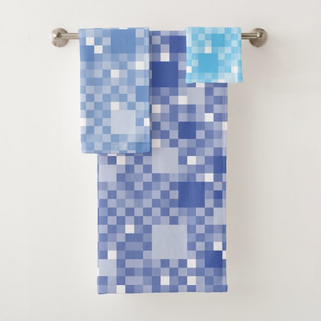 Digital Blue Pixelated Little Squares Bath Towel Set (Insitu)