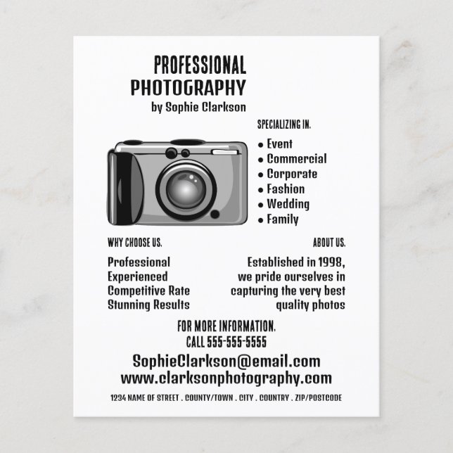 Digital Camera Icon Photographer, Photography Hire Flyer (Front)