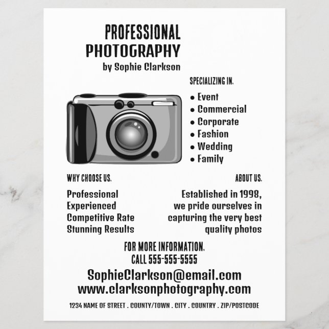Digital Camera Icon Photographer, Photography Hire Flyer (Front)
