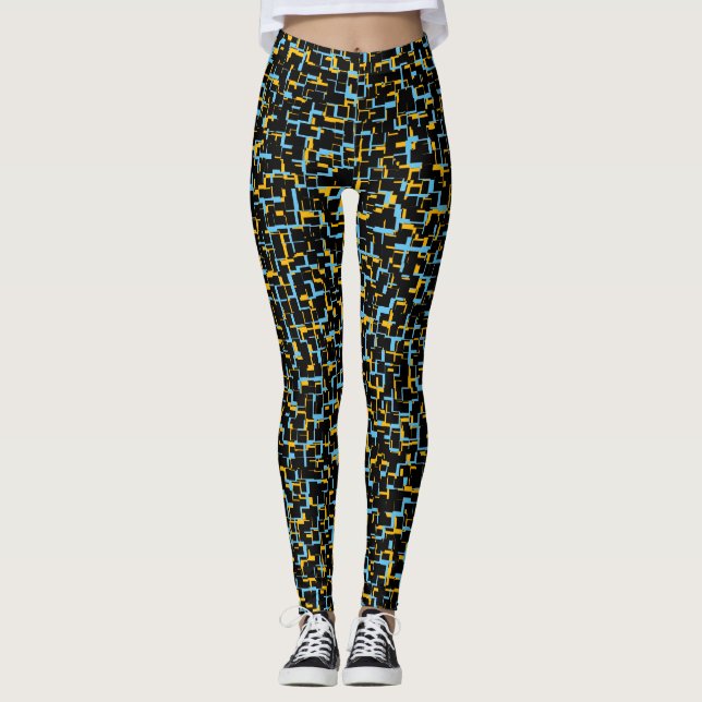 Digital Camo Black Blue Yellow Pattern Leggings (Front)