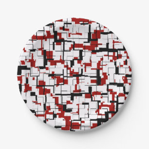 Digital Camo Black White Red Pattern Paper Plate