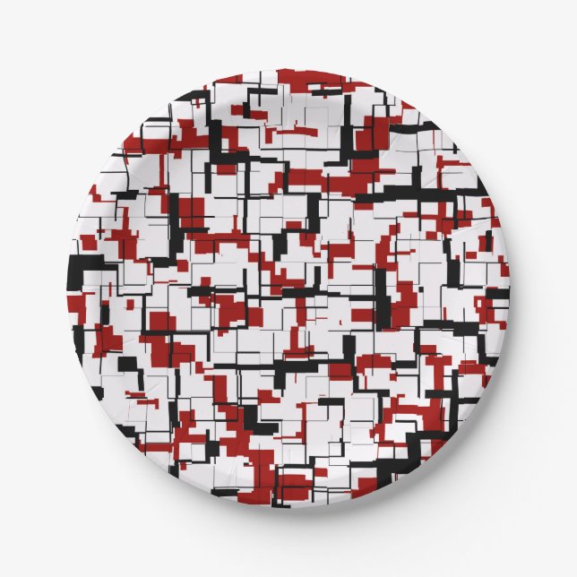 Digital Camo Black White Red Pattern Paper Plate (Front)