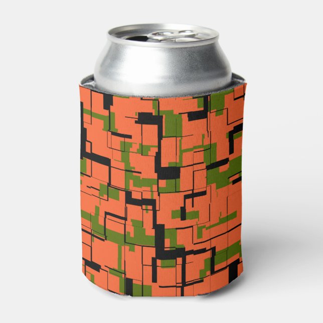 Digital Camo Green Orange Black Pattern Can Cooler (Can Front)