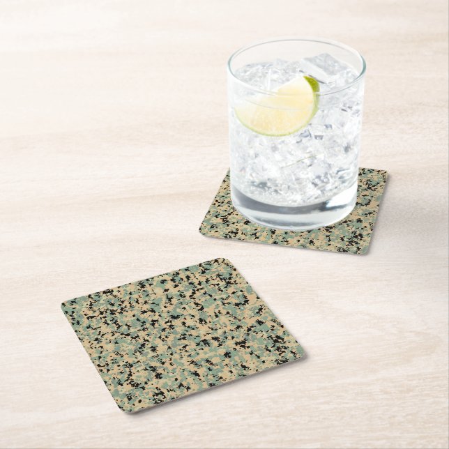 Digital Camo – Tan-Green SM camo pattern Square Paper Coaster (Insitu)
