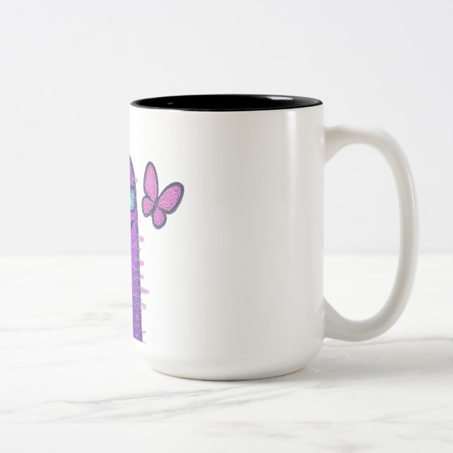 Digital Character with Cyberpunk Neon Butterfly Two-Tone Coffee Mug (Right)