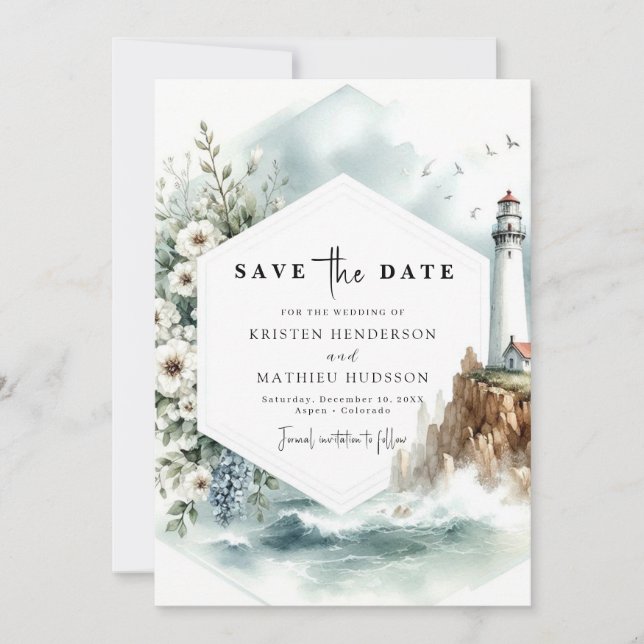 Digital Chic Waves Lighthouse Wedding Save The Date (Front)