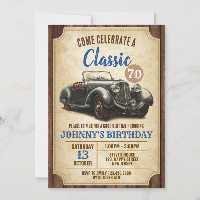 Digital Classic Car Birthday Invitation. Vintage Invitation (Front)