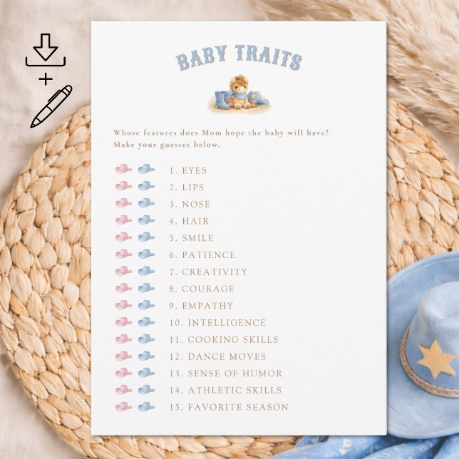 Digital Cowboy Baby Shower Game Baby Traits Card (Creator Uploaded)