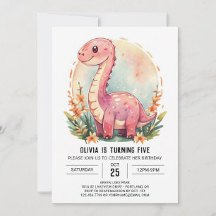Digital Cute Funny Dinosaur Girl Birthday Invitation