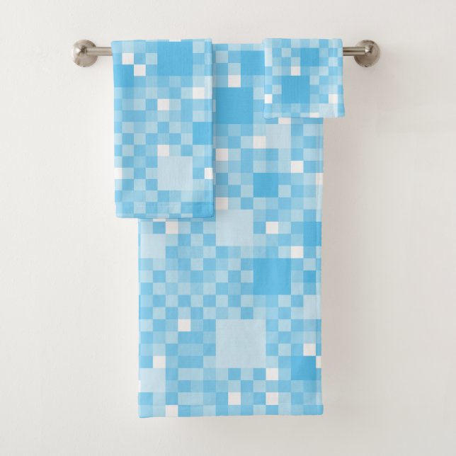 Digital Cyan Pixelated Little Squares Bath Towel Set (Insitu)