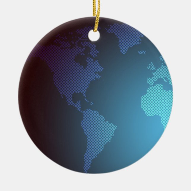 Digital Dot World Map Gradient Art Ceramic Tree Decoration (Front)