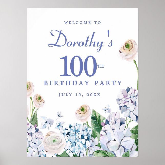 Digital Download Hydrangea 100th Birthday Welcome Poster (Front)