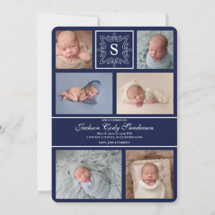 Digital Downloadable Baby Boy Navy Photo Monogram Announcement