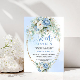 Digital Dusty Blue Peony Gold Sweet Sixteen Invite