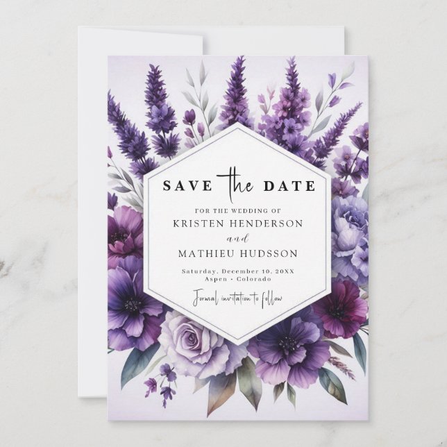  Digital Florals Purple Floral Wedding Save The Date (Front)