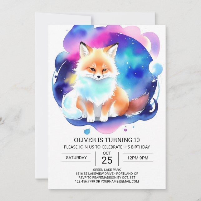 Digital Foxes in the Forest Birthday Party Invitation (Front)