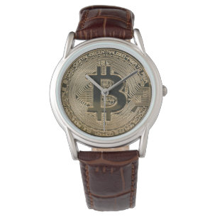 Digital Gold Bitcoin Logo Classic Brown Leather Watch