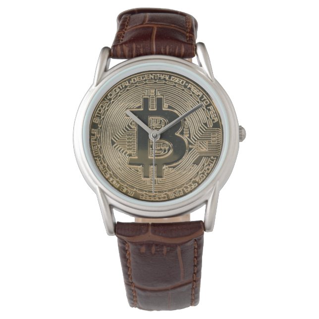 Digital Gold Bitcoin Logo Classic Brown Leather Watch (Front)
