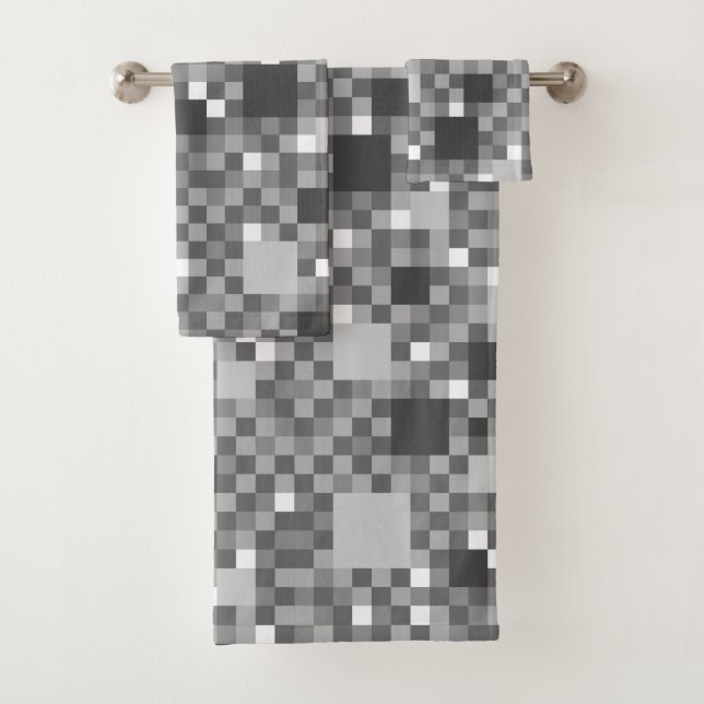 Digital Grey Pixelated Little Squares Bath Towel Set (Insitu)