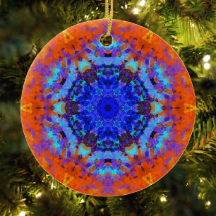 Digital Mandala Blue and Orange Ceramic Tree Decoration