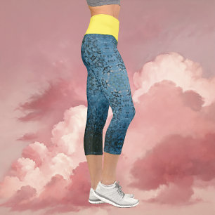 Digital Mandala Blue and Yellow Capri Leggings