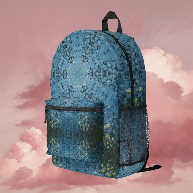 Digital Mandala Blue and Yellow Printed Backpack (Blue and Yellow Digital Paint Mandala Backpack By Wormhole Orbital)