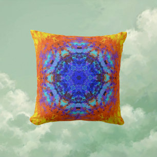 Digital Mandala Blue Orange and Yellow Cushion