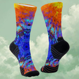 Digital Mandala Blue Orange and Yellow Socks