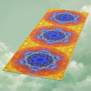 Digital Mandala Blue Orange and Yellow Yoga Mat