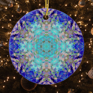 Digital Mandala Blue Purple and White Ceramic Tree Decoration
