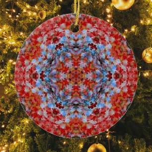Digital Mandala Blue Red and Yellow Ceramic Tree Decoration