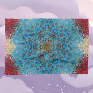 Digital Mandala Blue Red and Yellow Tea Towel