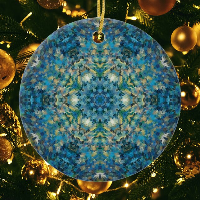 Digital Mandala Blue White and Yellow Ceramic Tree Decoration (Creator Uploaded)