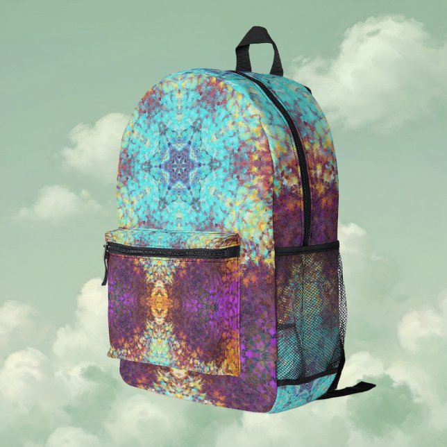 Digital Mandala Blue Yellow and Purple Printed Backpack (Blue Yellow and Purple Digital Paint Mandala Backpack By Wormhole Orbital)