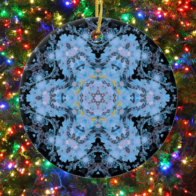 Digital Mandala Flower Blue and Black Ceramic Tree Decoration (Blue and Black Hexagon Mandala Ornament by Wormhole Orbital)