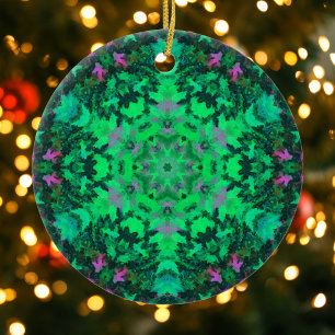 Digital Mandala Green and Purple Ceramic Tree Decoration