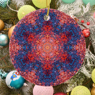 Digital Mandala Orange Blue and Red Ceramic Tree Decoration
