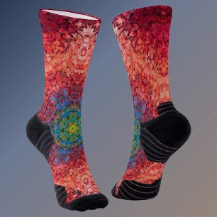 Digital Mandala Orange Blue and Red Socks