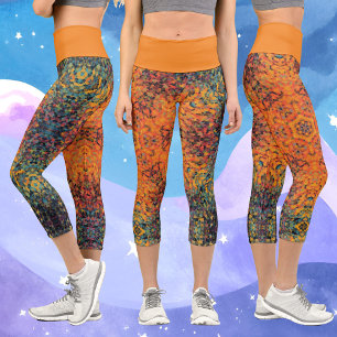 Digital Mandala Orange Blue and Yellow Capri Leggings