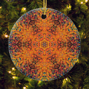 Digital Mandala Orange Blue and Yellow Ceramic Tree Decoration