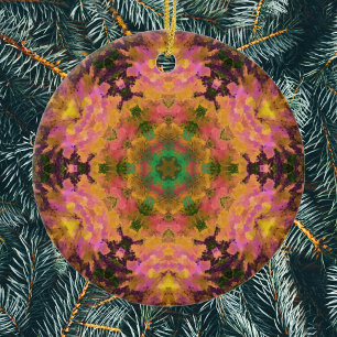 Digital Mandala Pink Yellow and Green Ceramic Tree Decoration