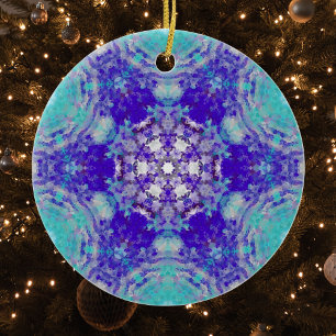 Digital Mandala Purple Blue and White Ceramic Tree Decoration